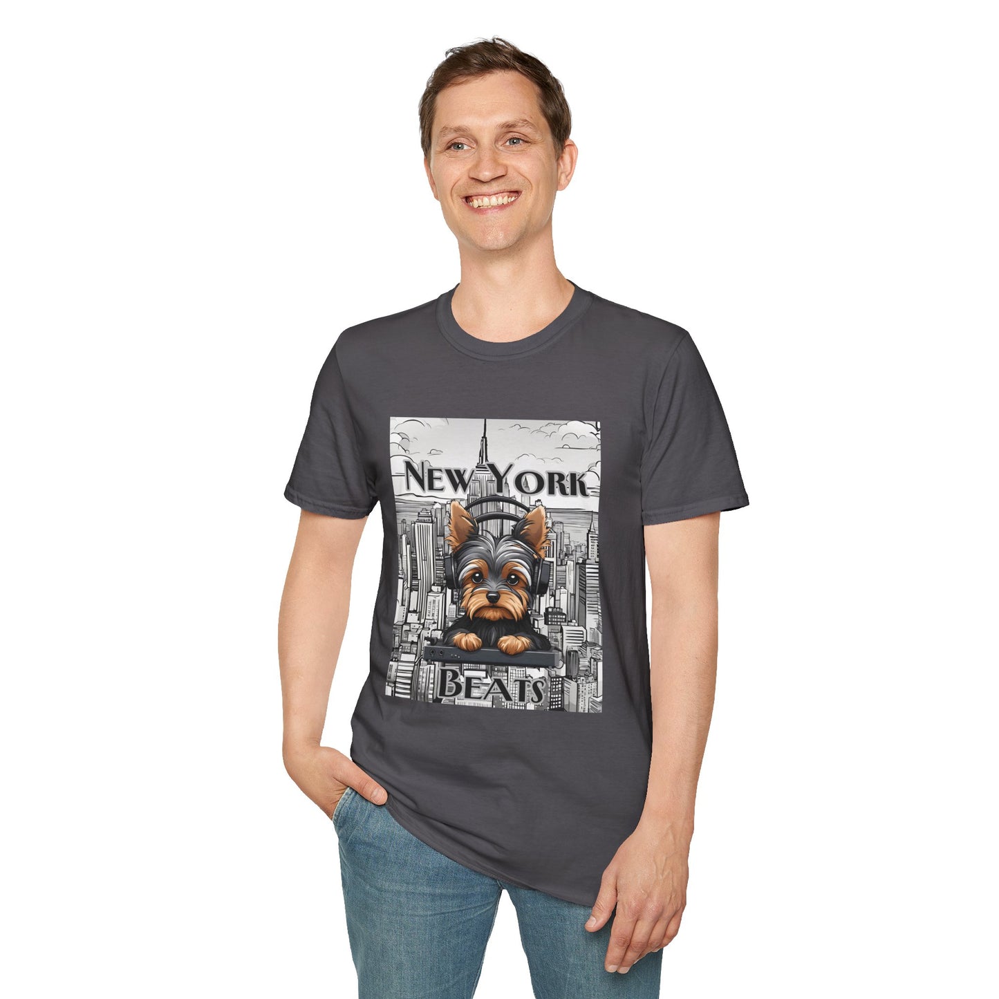 New York Beats Unisex Softstyle T-Shirt - Urban Dog Graphic Tee for City Lovers