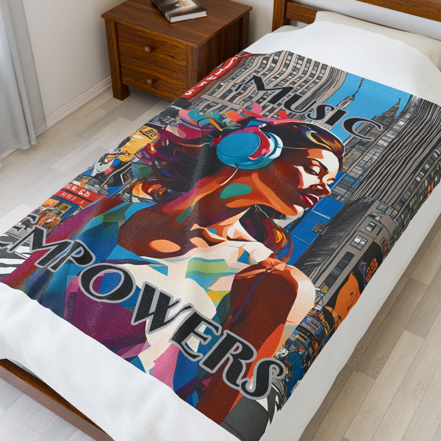 Velveteen Blanket — "Music Empowers" Colorful Urban Headphones Art