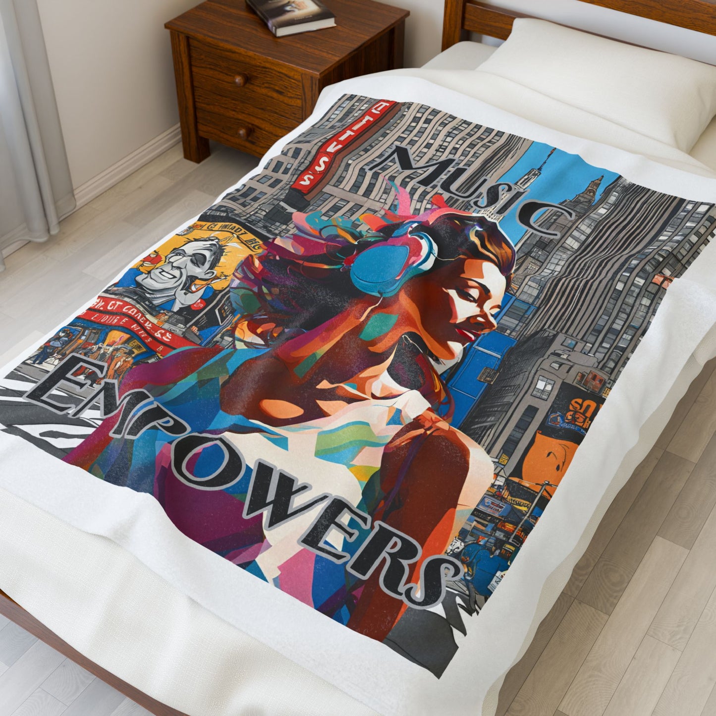Velveteen Blanket — "Music Empowers" Colorful Urban Headphones Art